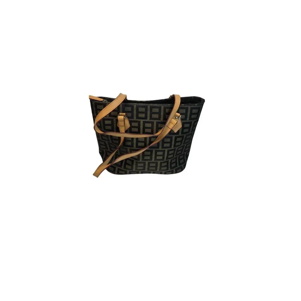 Vintage Style Geometric Monogram Canvas Tote Bag Tan Leather Trim - Picture 3 of 3